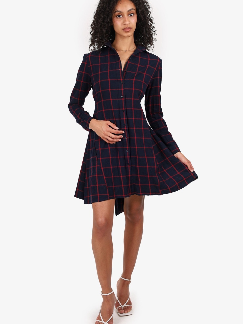 Maje Navy and Red Plaid Cotton-Flannel Shirt Dress Size :1(Small)